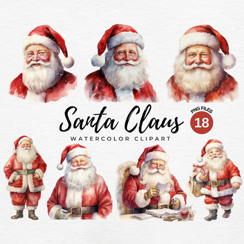 May include: Watercolor clipart featuring Santa Claus in various poses. The images showcase Santa with a white beard, red suit, and hat. The text "Santa Claus Watercolor Clipart" is displayed, along with "PNG Files 18".