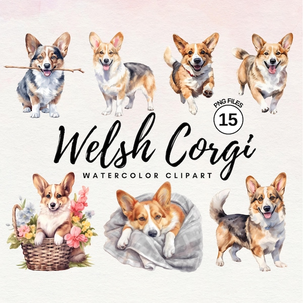 Corgi Clipart Bundle | Watercolor Welsh Corgi Dog Clipart PNG Bundle - Transparent - Perfect for Card Making, Printing - Commercial License