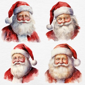 May include: Watercolor portraits of Santa Claus in a festive arrangement. Each portrait features Santa with a white beard, red hat, and coat. The artwork has a soft, painterly style with subtle watercolor effects, perfect for holiday-themed products.