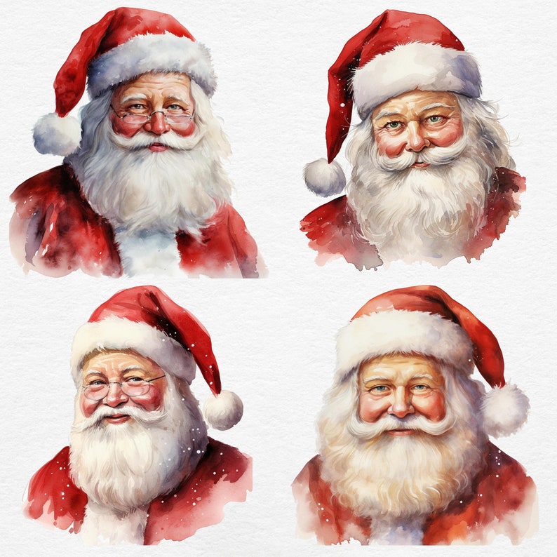 May include: Watercolor portraits of Santa Claus in a festive arrangement. Each portrait features Santa with a white beard, red hat, and coat. The artwork has a soft, painterly style with subtle watercolor effects, perfect for holiday-themed products.