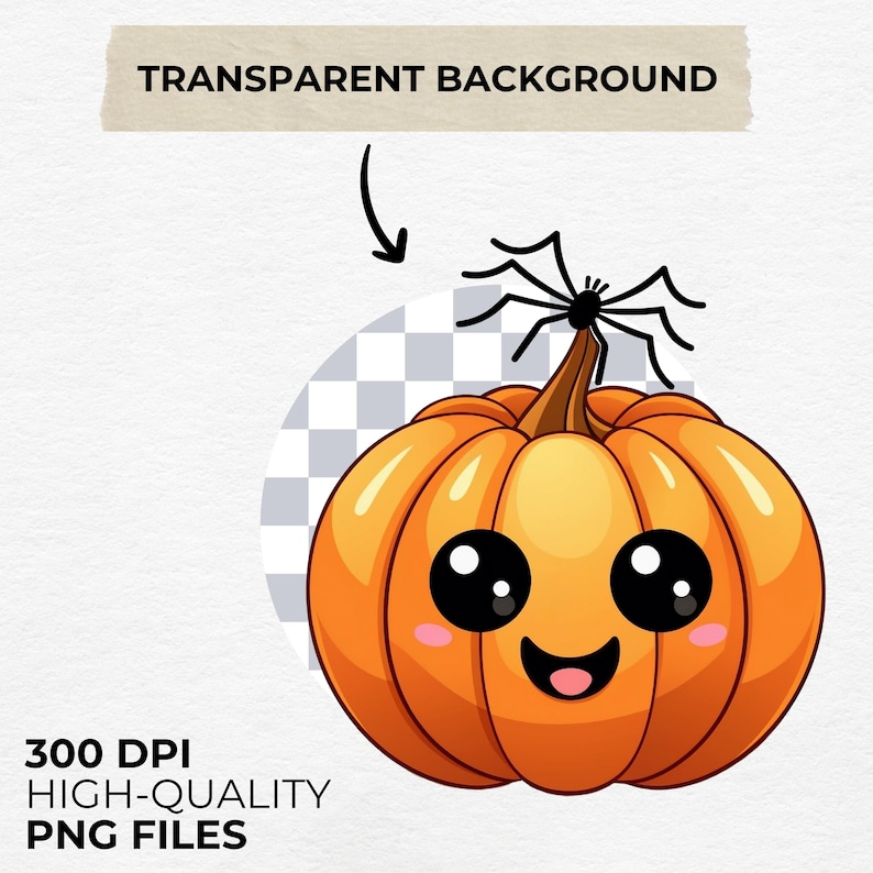 K&ouml;nnte beinhalten: Cartoon-Illustration eines l&auml;chelnden, orangefarbenen K&uuml;rbisses mit einer schwarzen Spinne oben. Der K&uuml;rbis hat gro&szlig;e schwarze Augen und einen rosa Mund. Die W&ouml;rter "TRANSPARENT BACKGROUND" und "300 DPI HIGH-QUALITY PNG FILES" sind ebenfalls sichtbar.