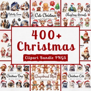 Paquete de imágenes prediseñadas de Navidad / Más de 400 PNG de Navidad en acuarela, imágenes prediseñadas de invierno para manualidades de papel, decoración, diario basura, impresión, uso comercial