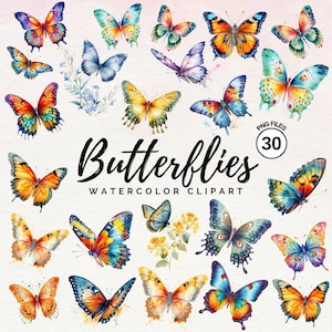 Bundel met vlinderclips | 30 aquarelvlinders png-geschilderde vlinders, perfect voor kaarten maken, afdrukken, papierkunst, commercieel gebruik