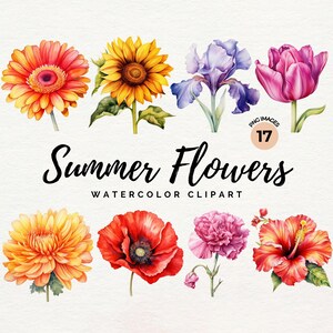 Pacote de clipart de flores | Aquarela de flores de verão PNG, Floral de verão, Convite de capina Decoração de berçário Arte de parede, Papel artesanal, Uso comercial