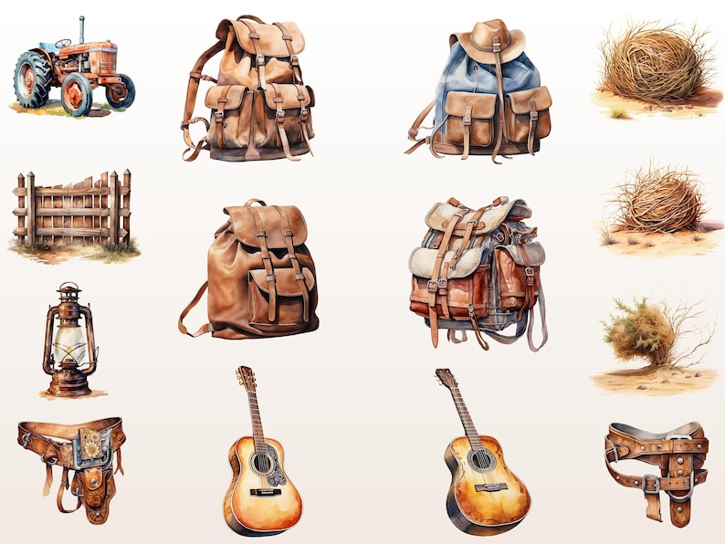 Puede incluir: Una colecci&oacute;n de art&iacute;culos vintage, que incluyen un tractor rojo, mochilas de cuero, una linterna, una valla de madera, una guitarra, un cintur&oacute;n y hierba seca.