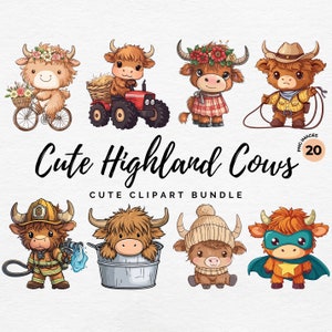 Highland Cow clipartbundel | 20 schattige png's voor koeien, ontwerpen voor baby Highland Cow voor kaarten maken, afdrukken, digitaal papiermodel - Commercieel gebruik