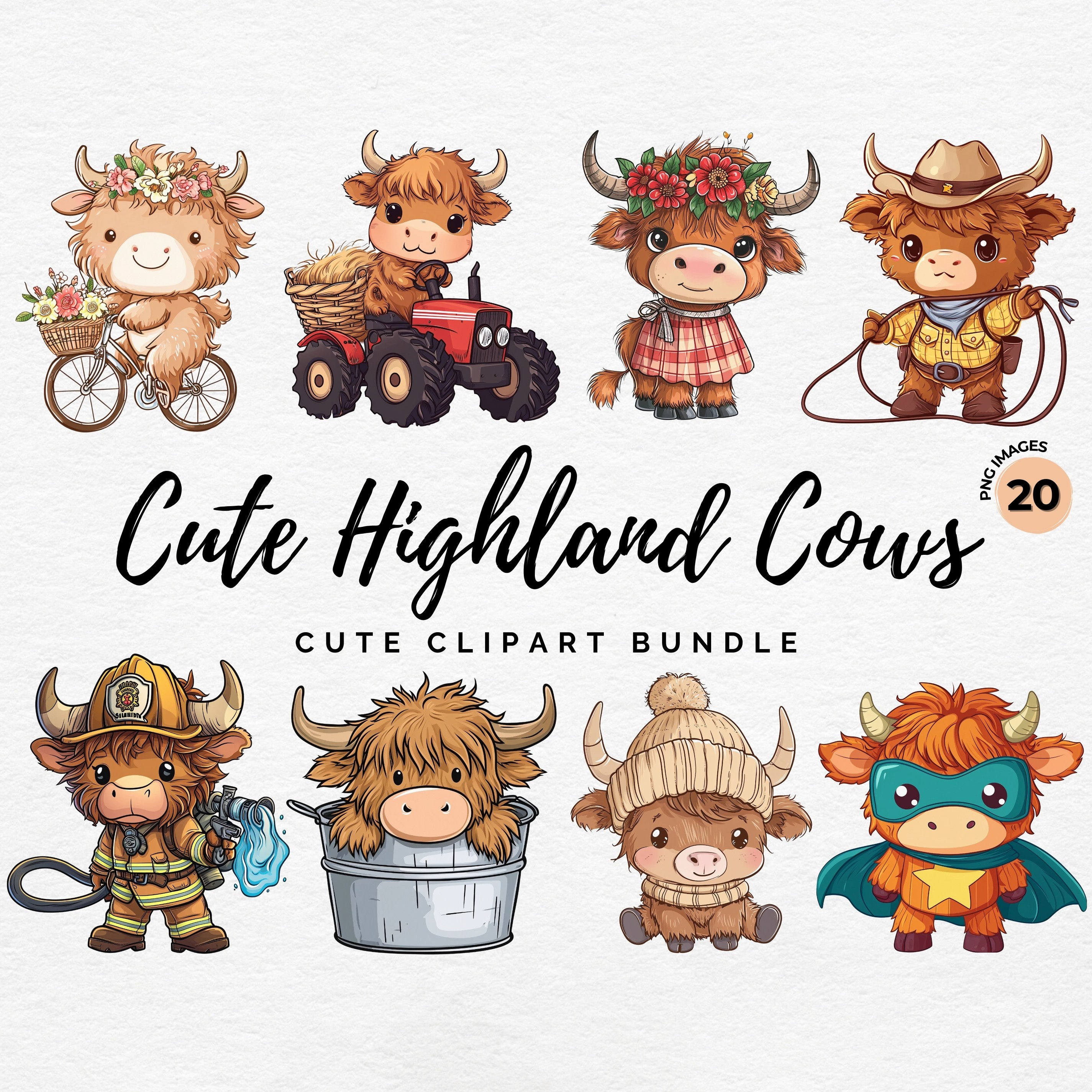 Highland Cow Clipart Bundle | 20 Cute Cows Pngs, Baby Highland Cow ...