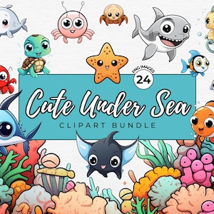 Cute Under the Sea Animals | Watercolor Ocean Clipart Bundle | Sea Animals PNG | Sea Life, Octopus, Shark, Dolphin, Turtle | Commercial use