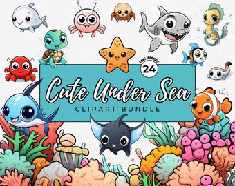 May include: A set of 24 cute cartoon sea creatures and coral reef elements. The clipart includes a blue whale, a starfish, a seahorse, a crab, a turtle, a shark, a clownfish, a stingray, and more. The clipart is perfect for creating invitations, cards, party decorations, and other crafts.