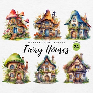 Pequeña casa de hadas Clipart / Casa de fantasía de acuarela PNG, Imágenes prediseñadas de cuento de hadas para arte de papel digital, Diario basura de guardería, Uso comercial