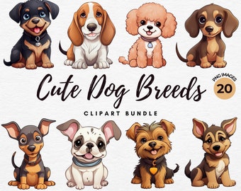 Dogs Clipart Bundle | 20 Cute Dog Breeds SVG PNG Printable, Kawaii Dogs for Card Making, Printing, Paper Craft, Sublimation - Commercial Use