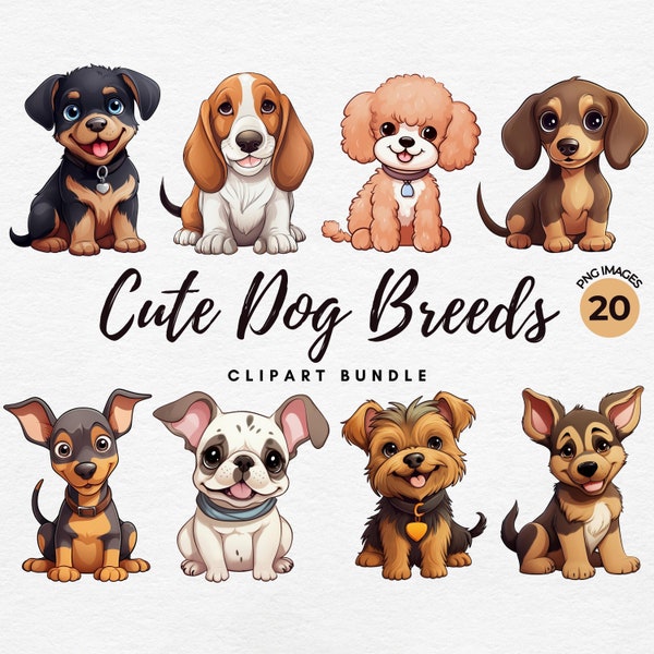 Dogs Clipart Bundle | 20 Cute Dog Breeds SVG PNG Printable, Kawaii Dogs for Card Making, Printing, Paper Craft, Sublimation - Commercial Use