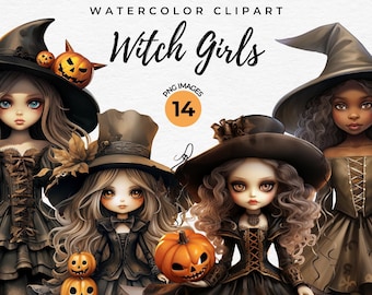 Halloween Witch Girls Clipart Bundle | Watercolor Witch Clipart Pumpkin PNG for Paper Crafts, Decor, Nursery Junk Journal, Commercial Use