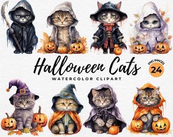 Halloween Katzen Clipart Bundle | Aquarell Gruselige Katzen PNG, Bezaubernde Kätzchen Grafiken für Papierhandwerk, Junk Journal, kommerzielle Nutzung