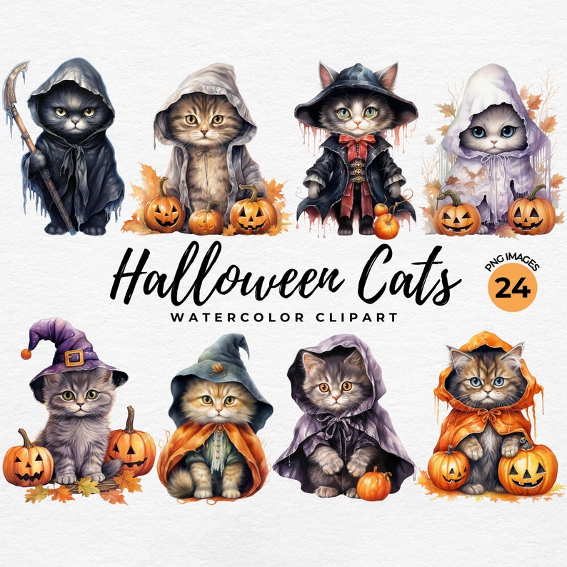 K&ouml;nnte beinhalten: Aquarell-Clipart mit acht entz&uuml;ckenden Katzen in Halloween-Kost&uuml;men. Jede Katze wird von einem geschnitzten K&uuml;rbis begleitet. Der Text "Halloween Cats" und "Watercolor Clipart" ist im Bild zu sehen.
