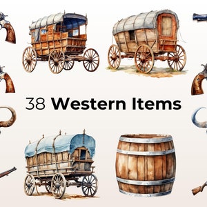 Puede incluir: Una ilustraci&oacute;n de acuarela de 38 art&iacute;culos del oeste, incluyendo carretas cubiertas, rev&oacute;lveres y un cr&aacute;neo de toro. El texto "38 Western Items" est&aacute; escrito en negro en la parte inferior de la imagen.