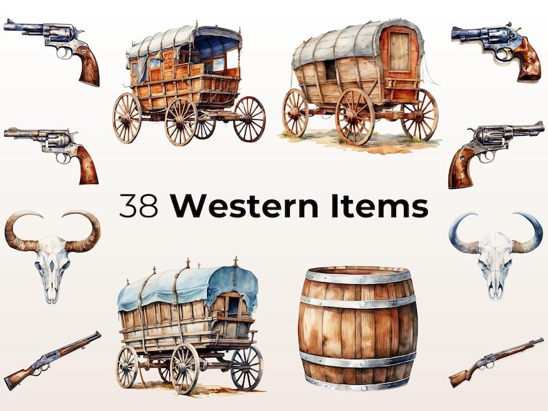 Puede incluir: Una ilustraci&oacute;n de acuarela de 38 art&iacute;culos del oeste, incluyendo carretas cubiertas, rev&oacute;lveres y un cr&aacute;neo de toro. El texto "38 Western Items" est&aacute; escrito en negro en la parte inferior de la imagen.