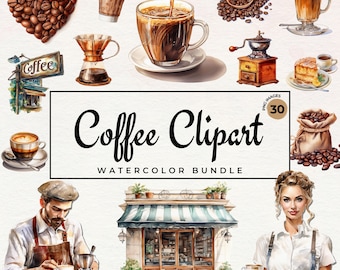 Watercolor Coffee Clipart Bundle | 30 Coffee Drinks Clipart, Coffee Cup, Barista, Coffee Lover, Cappuccino Cup, Coffee PNG - Commercial Use