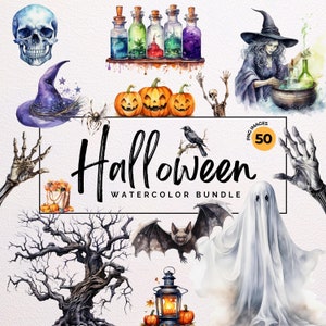 Clipart de Halloween em aquarela - Pacote Feliz Halloween | Fantasma, Morcego, Vampiro, Abóbora, Bruxa | Junk Journal, PNG transparente, uso comercial