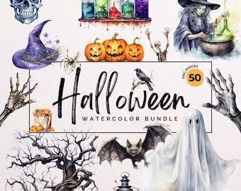 Aquarell Halloween Clipart Bundle: Geist, Fledermaus, Hexe (PNG, Kommerzielle Nutzung)