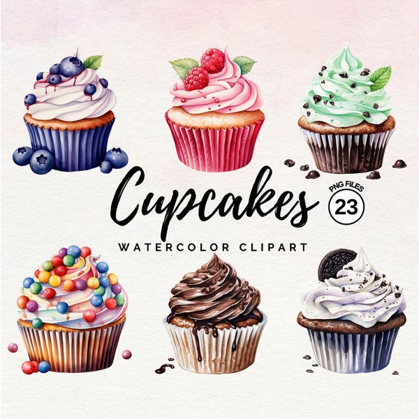 Bundle de cliparts cupcakes - Cupcake aquarelle PNG Muffins colorés PNG, Clipart bonbons, gâteau d'anniversaire, muffins aquarelles, usage Commercial