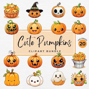 Pacote de clipart fofo de abóbora | 20 PNGs de abóboras de Halloween kawaii para decoração de outono, artesanato em papel, diário de decoração de berçário, uso comercial