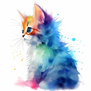 May include: A watercolor painting of a blue, orange, and green kitten with blue eyes. The kitten is sitting on a pink and blue watercolor background.