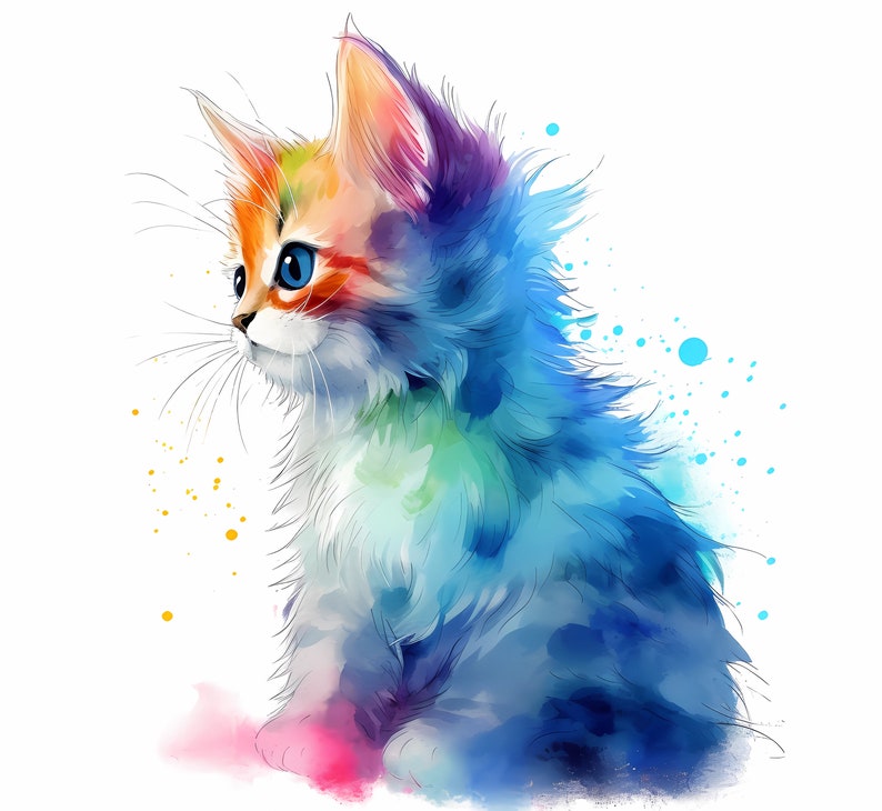 May include: A watercolor painting of a blue, orange, and green kitten with blue eyes. The kitten is sitting on a pink and blue watercolor background.