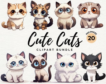 Cats Clipart Bundle | 20 PNG & JPG Cute Cats PNG Perfect for Card Making, Printing, Digital Paper Craft - Transparent - Commercial Use
