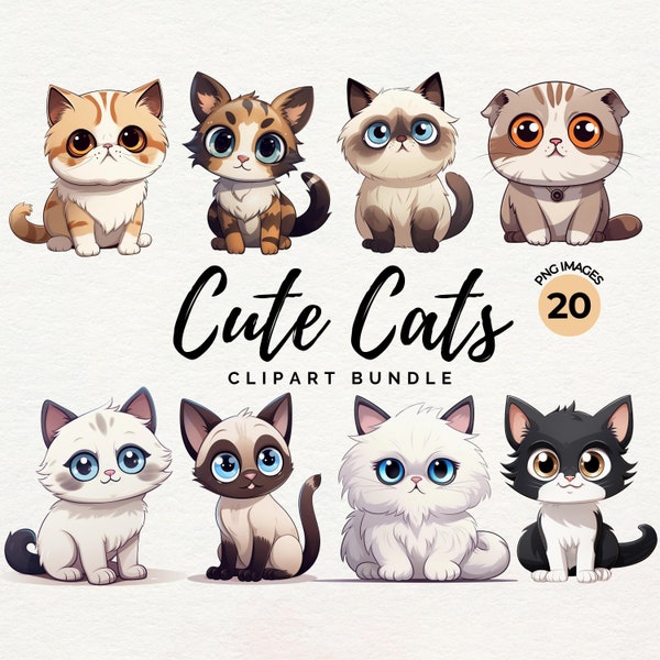 Cats Clipart Bundle | 20 PNG & JPG Cute Cats PNG Perfect for Card Making, Printing, Digital Paper Craft - Transparent - Commercial Use