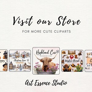 Puede incluir: Una colecci&oacute;n de ilustraciones de clipart de acuarela que presentan una vaca Highland, una escena navide&ntilde;a, un paquete occidental y un cachorro. Las ilustraciones est&aacute;n todas en un estilo de dibujos animados y son perfectas para agregar un toque de fantas&iacute;a a tus proyectos.