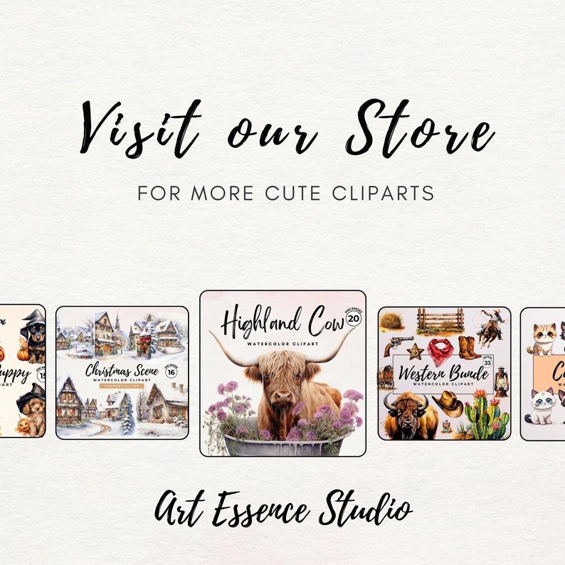 Puede incluir: Una colecci&oacute;n de ilustraciones de clipart de acuarela que presentan una vaca Highland, una escena navide&ntilde;a, un paquete occidental y un cachorro. Las ilustraciones est&aacute;n todas en un estilo de dibujos animados y son perfectas para agregar un toque de fantas&iacute;a a tus proyectos.