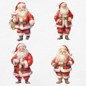 May include: Four watercolor illustrations of Santa Claus in various poses. Each Santa is wearing a red suit with white trim, a matching hat, and a wide belt. One Santa carries a gift bag, another holds a present, and the others stand with their hands at their sides.