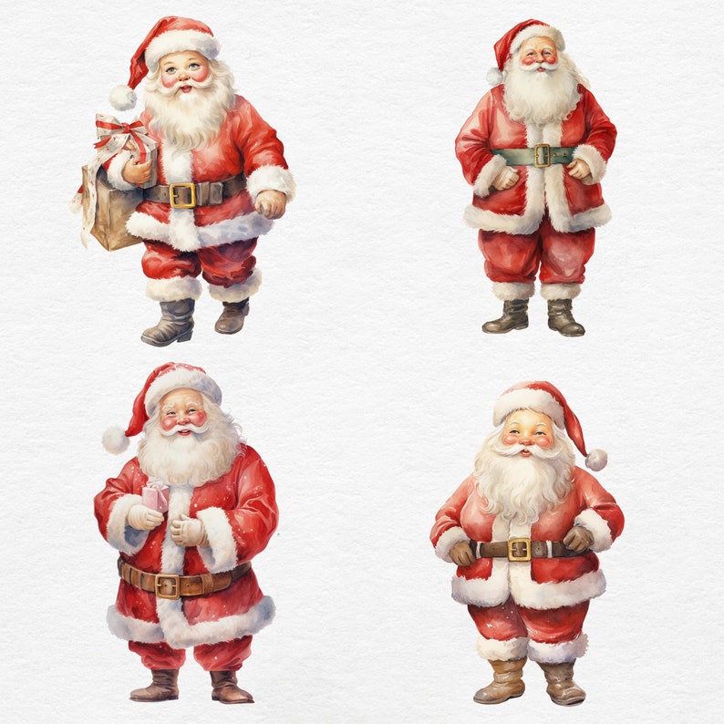 May include: Four watercolor illustrations of Santa Claus in various poses. Each Santa is wearing a red suit with white trim, a matching hat, and a wide belt. One Santa carries a gift bag, another holds a present, and the others stand with their hands at their sides.