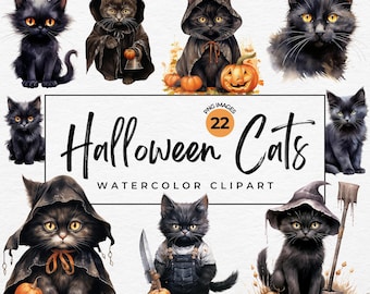 Halloween Black Cats Clipart | 22 Watercolor Cats PNG Clipart for Paper Crafts, Decor, Nursery Junk Journal, Transparent PNG, Commercial Use