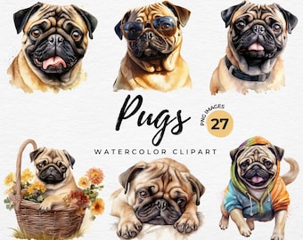 Pug Clipart Bundle | 27 Watercolor Pugs PNG Pug Puppy Clipart, Cute Pug Gift for Card Making, Printing, Digital Paper Craft, Commercial Use