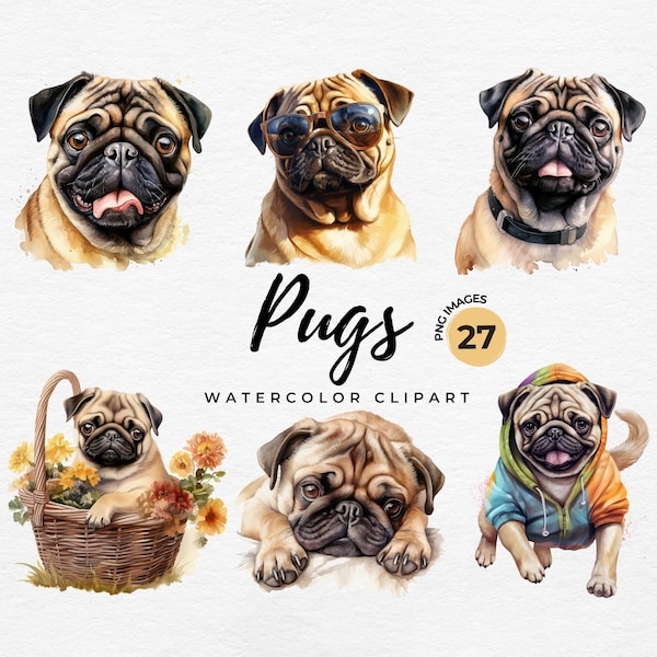 Pug Clipart Bundle | 27 Watercolor Pugs PNG Pug Puppy Clipart, Cute Pug Gift for Card Making, Printing, Digital Paper Craft, Commercial Use