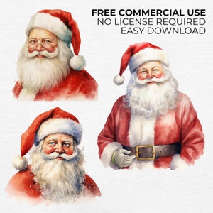 May include: Watercolor illustrations of Santa Claus in various poses. Santa is depicted with a white beard, red hat, and suit. The image includes the text: FREE COMMERCIAL USE, NO LICENSE REQUIRED, EASY DOWNLOAD.