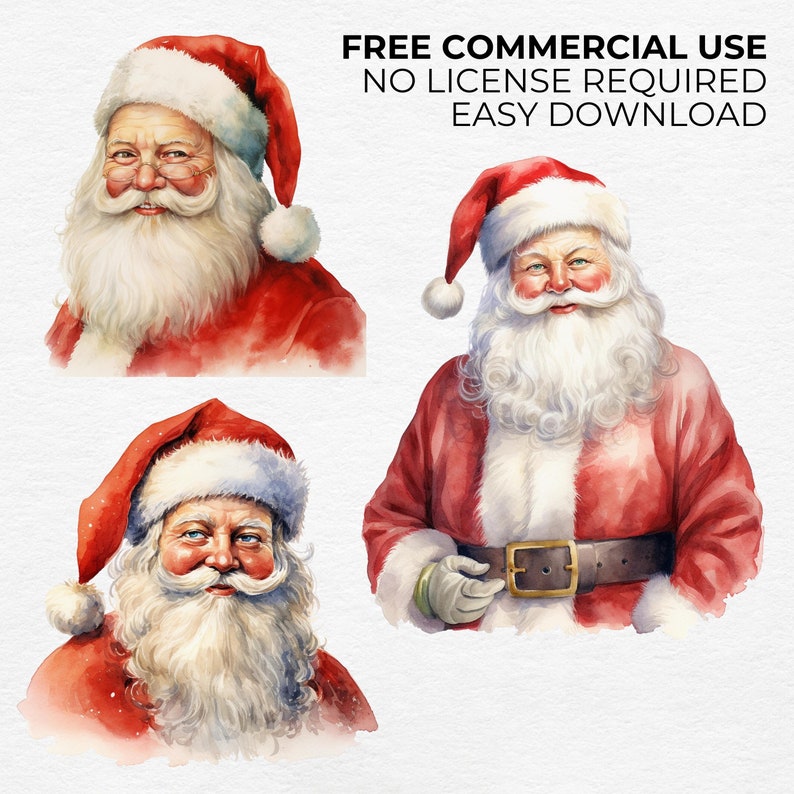May include: Watercolor illustrations of Santa Claus in various poses. Santa is depicted with a white beard, red hat, and suit. The image includes the text: FREE COMMERCIAL USE, NO LICENSE REQUIRED, EASY DOWNLOAD.