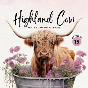 Highland Cow Watercolor Clipart - Cow in Tub Clipart, Highland Cow Cute Baby Shower PNG, Nursery Decor Art, Farm Cow PNG, Commercial License