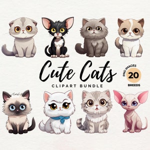 Lot de cliparts chats mignons | 20 chats PNG imprimable, races de chats mignons, parfait pour la fabrication de cartes, l'impression, la création numérique en papier - usage commercial