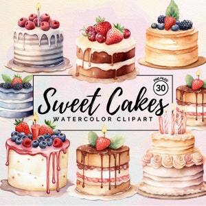 Aquarelle de gâteaux sucrés | Bundle de cliparts gâteau d'anniversaire - Clipart transparent - aquarelle gâteau PNG - usage commercial
