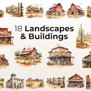 Puede incluir: 18 ilustraciones de acuarela de paisajes y edificios del oeste, incluyendo un sal&oacute;n, una iglesia, un granero y una escena del desierto con un cactus.
