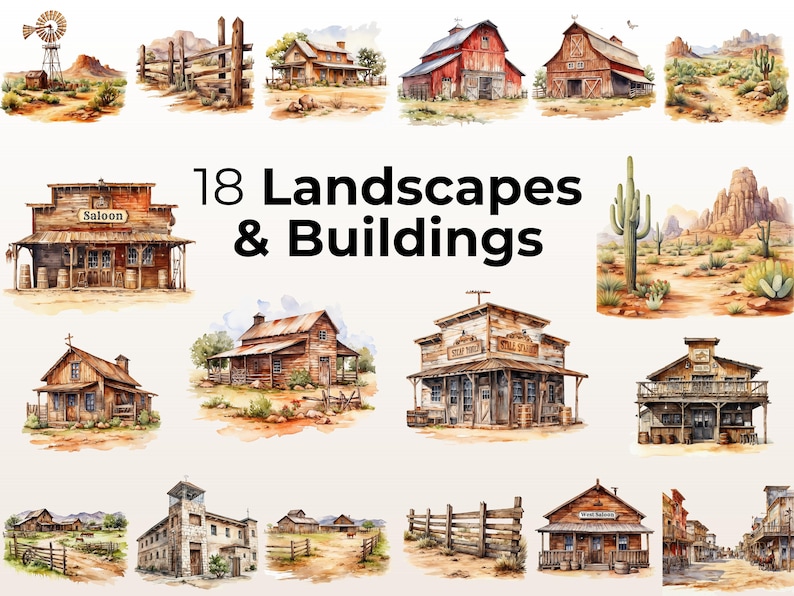 Puede incluir: 18 ilustraciones de acuarela de paisajes y edificios del oeste, incluyendo un sal&oacute;n, una iglesia, un granero y una escena del desierto con un cactus.