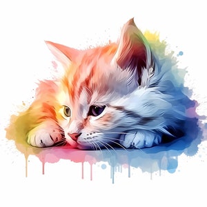 May include: A watercolor painting of a white and orange cat with blue eyes. The cat is lying down with its head resting on its paws. The background is a colorful watercolor wash.