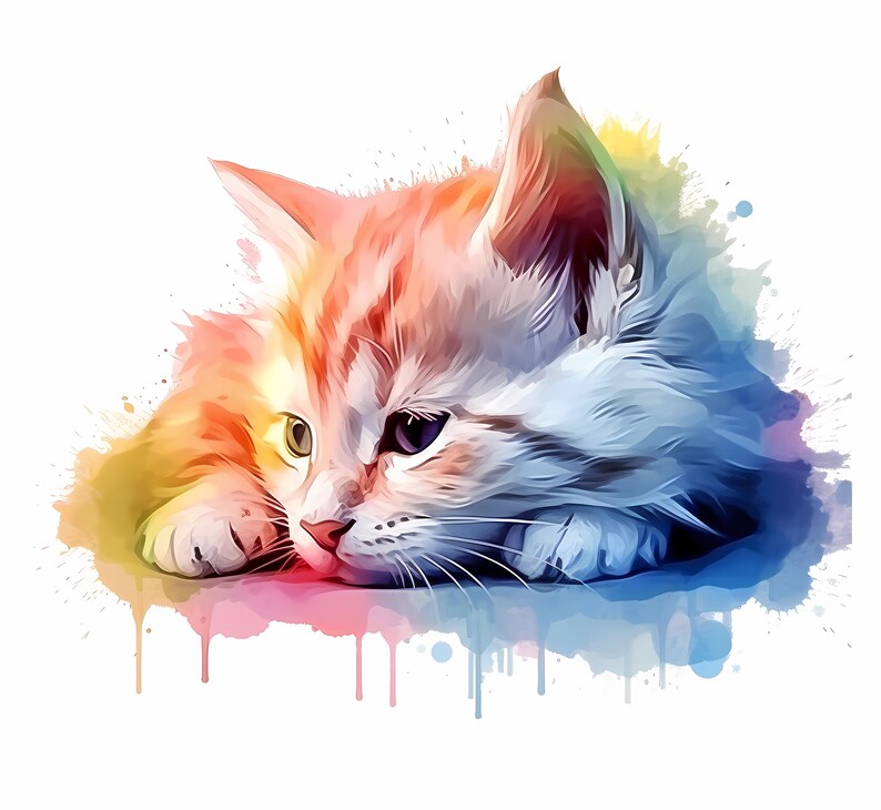 May include: A watercolor painting of a white and orange cat with blue eyes. The cat is lying down with its head resting on its paws. The background is a colorful watercolor wash.