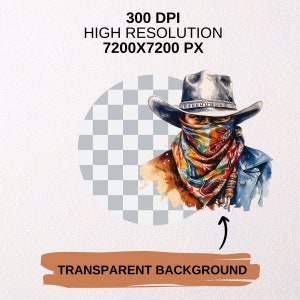 May include: A watercolour illustration of a cowboy wearing a blue denim jacket, a brown hat, and a colourful bandana over his face. The background is transparent.
