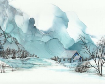 Original painting of a Scottish Winter Glen, painted with alcohol ink