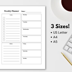 Planificador imprimible Planificador semanal minimalista Lista de tareas semanales simple Planificador del día Semana de un vistazo Organizador de prioridades principales Carta PDF A4 A5