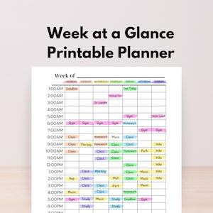 Week at a Glance Planner 24 Hour Time Block Printable PDF Class Schedule Daily School Study Organizer 7 Day Weekly Plan A4 A5 Letter PDF